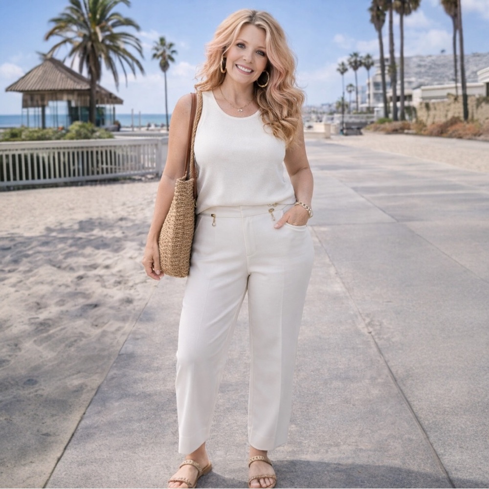 Melanie Lyne White Trousers Straight Leg Gold Zip Size 8 Coastal Chic